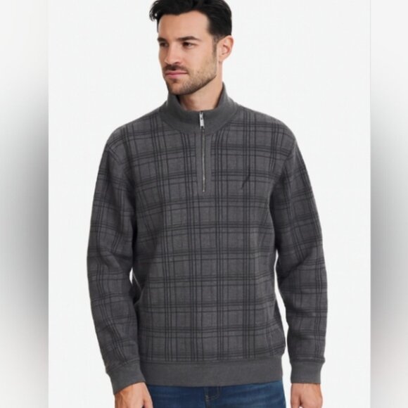 NWOT Nautica Quarter Zip Grey Plaid Fleece Lined Long Sleeve Sweatshirt Size XXL - Picture 1 of 15